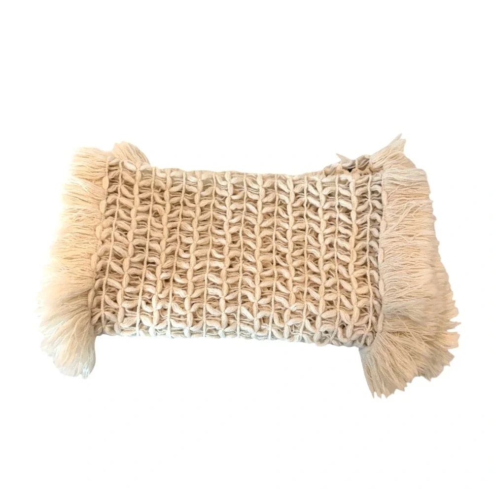 Lane Bryant Crochet Infinity Scarf OS Ivory Cream Chunky Knit Fringe Boho NEW